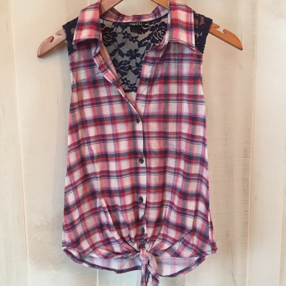 Plaid and lace tank